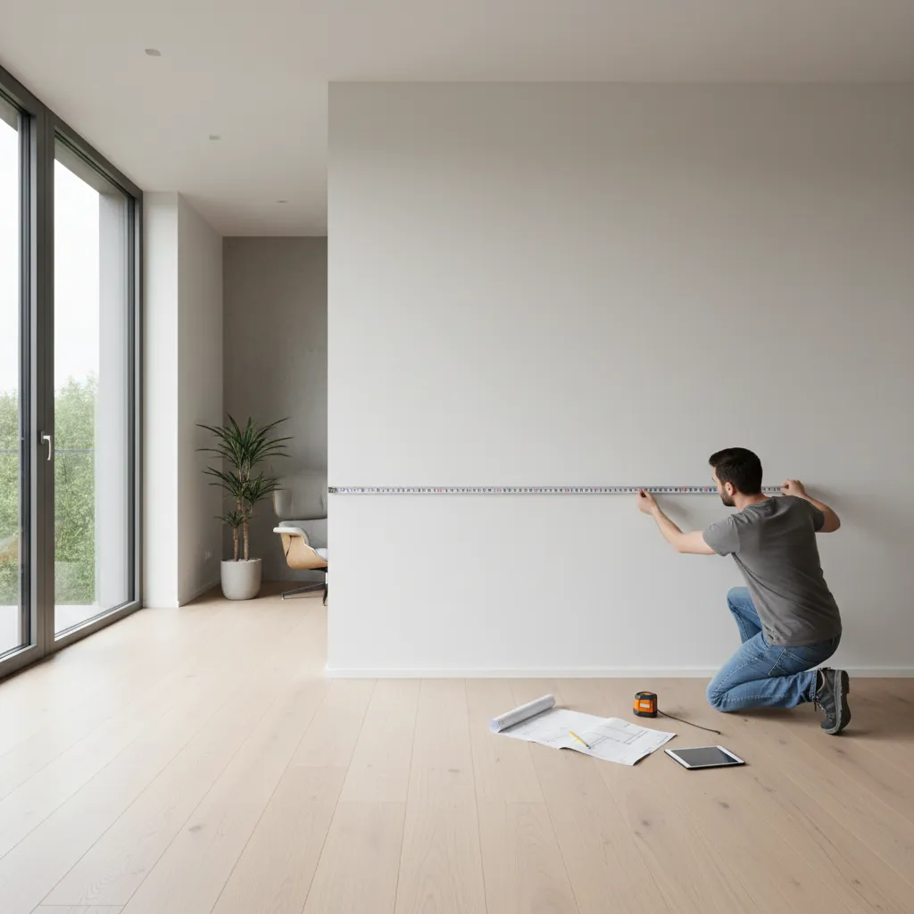 Person measuring a room wall with a tape measure for creating an accurate floor plan
