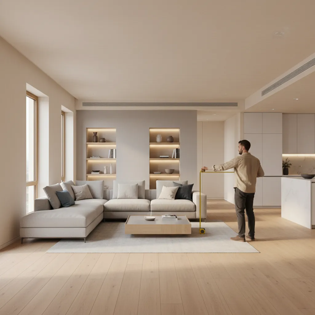 Person measuring living room wall for accurate floor plan dimensions