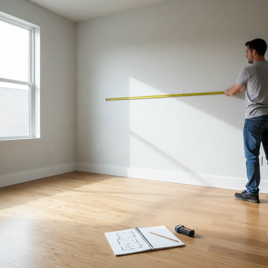 Homeowner measuring room walls with tape measure while preparing to create a floor plan