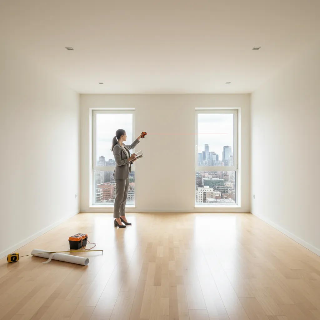 Profesional midiendo una habitación para crear un plano de interiorismo