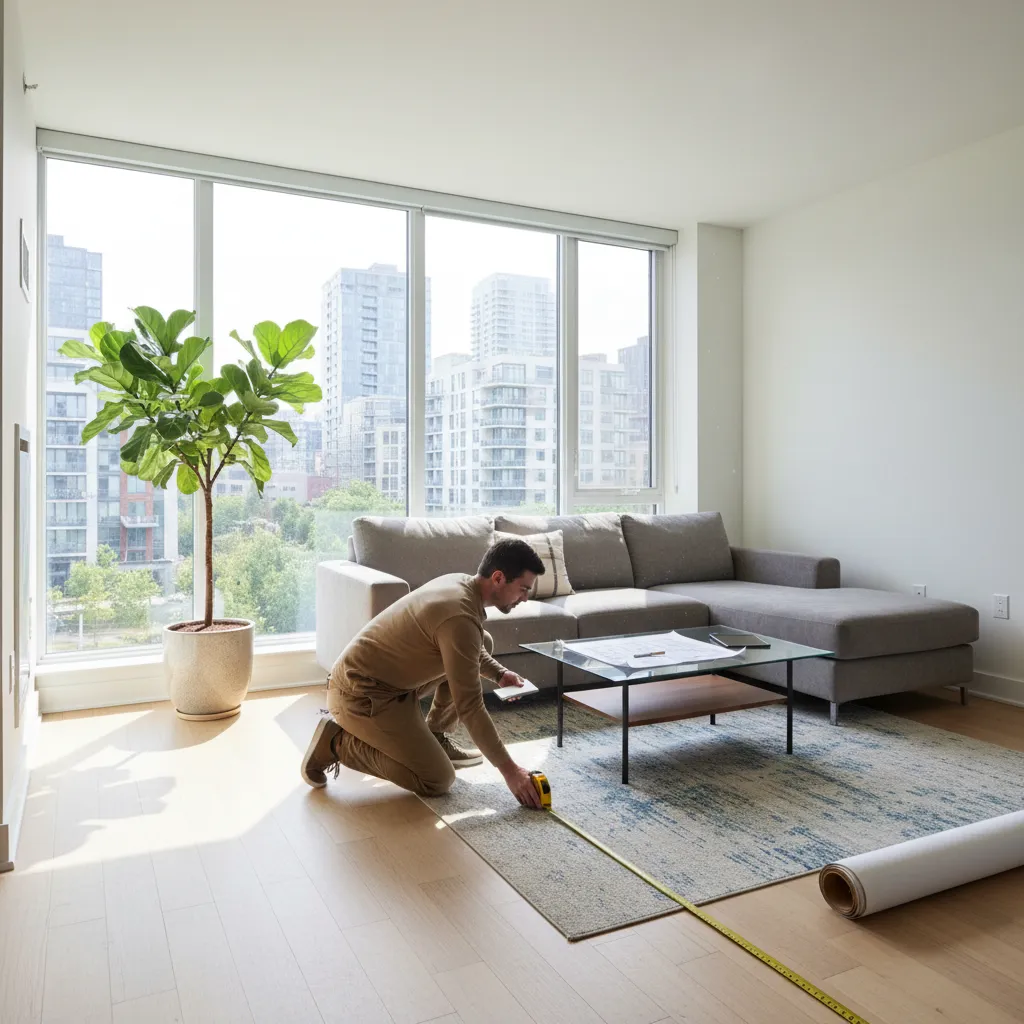 Man measuring floor with yellow tape in modern living room with grey sofa and windows