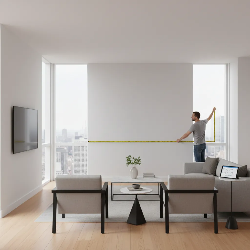 Person measuring living room wall with tape measure for digital floor plan accuracy