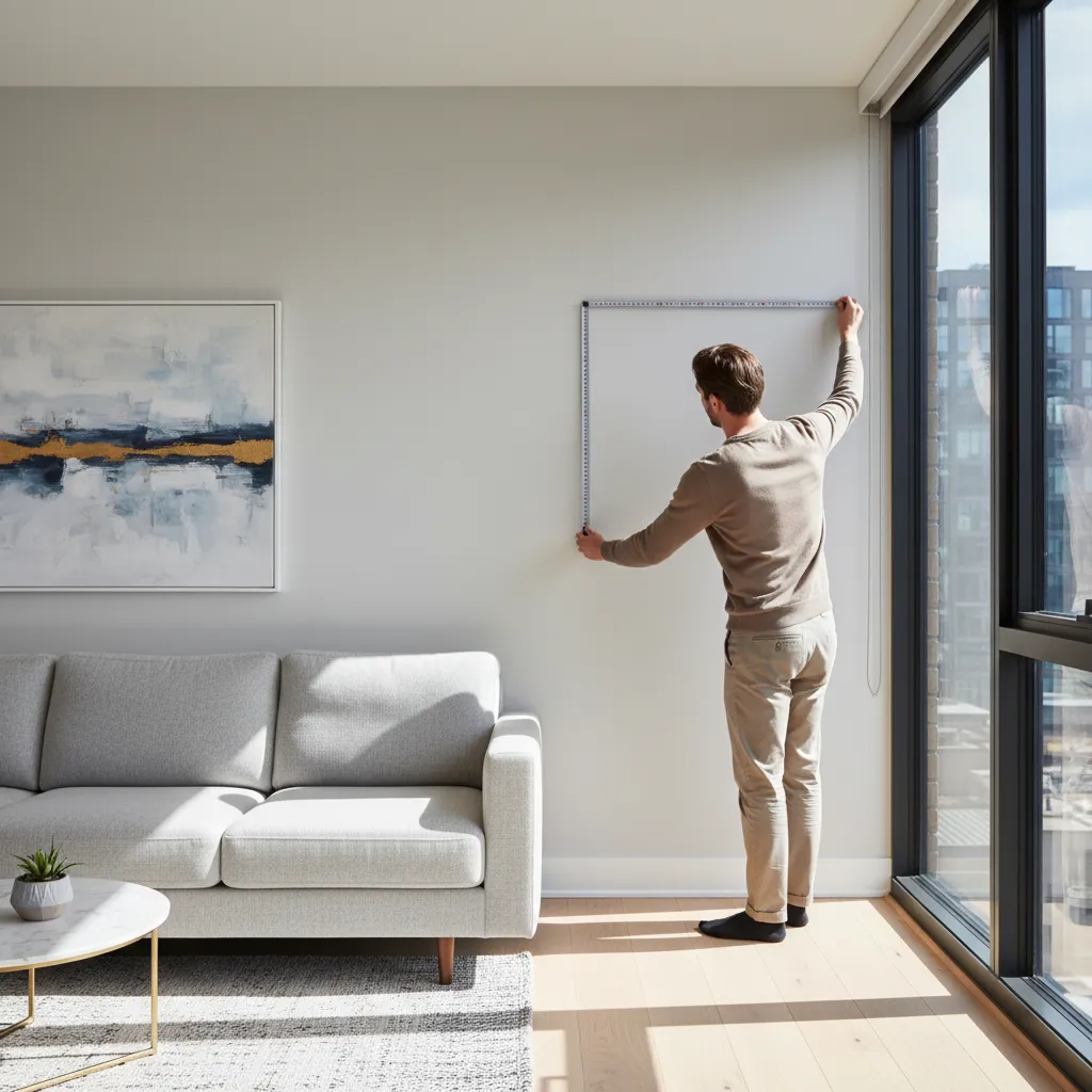 Person measuring a living room wall with tape measure before creating digital layout