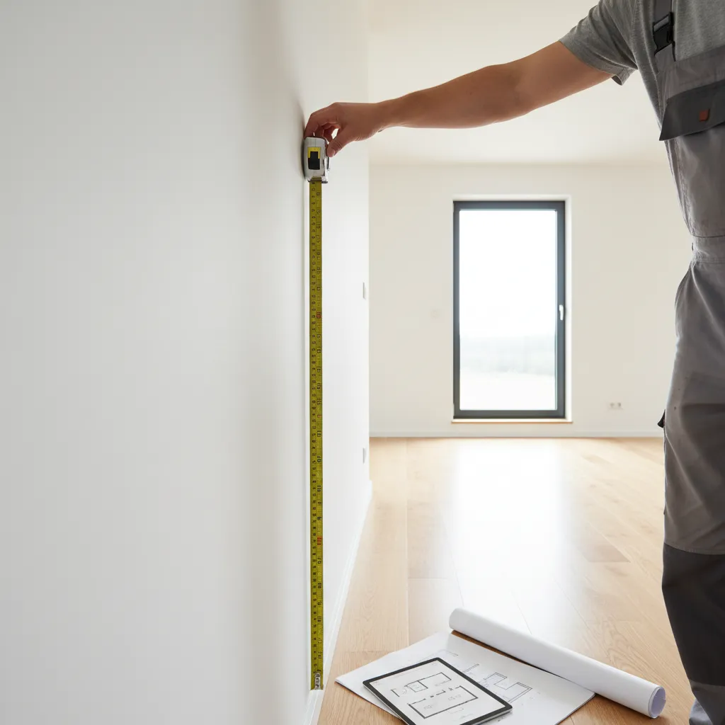 Person measuring a living room wall using a tape measure for room drawing planning