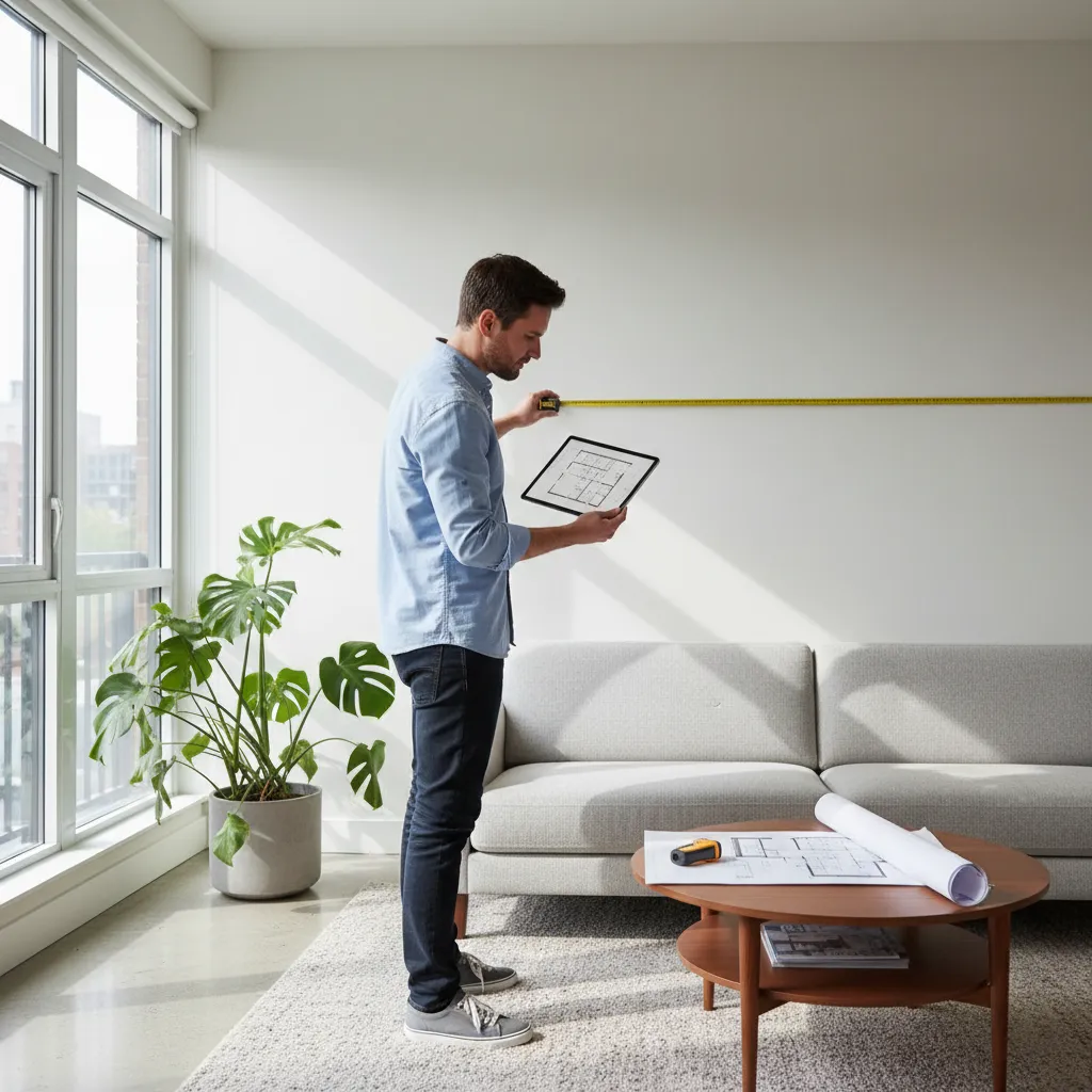 person measuring a room with tape measure before creating floor plan