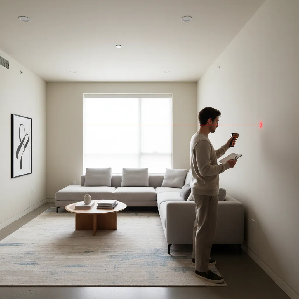Person measuring living room with laser tool for accurate floor plan design