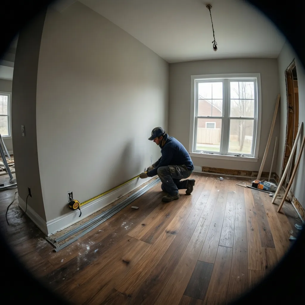 Contractor measuring wall perimeter for baseboard trim in empty room