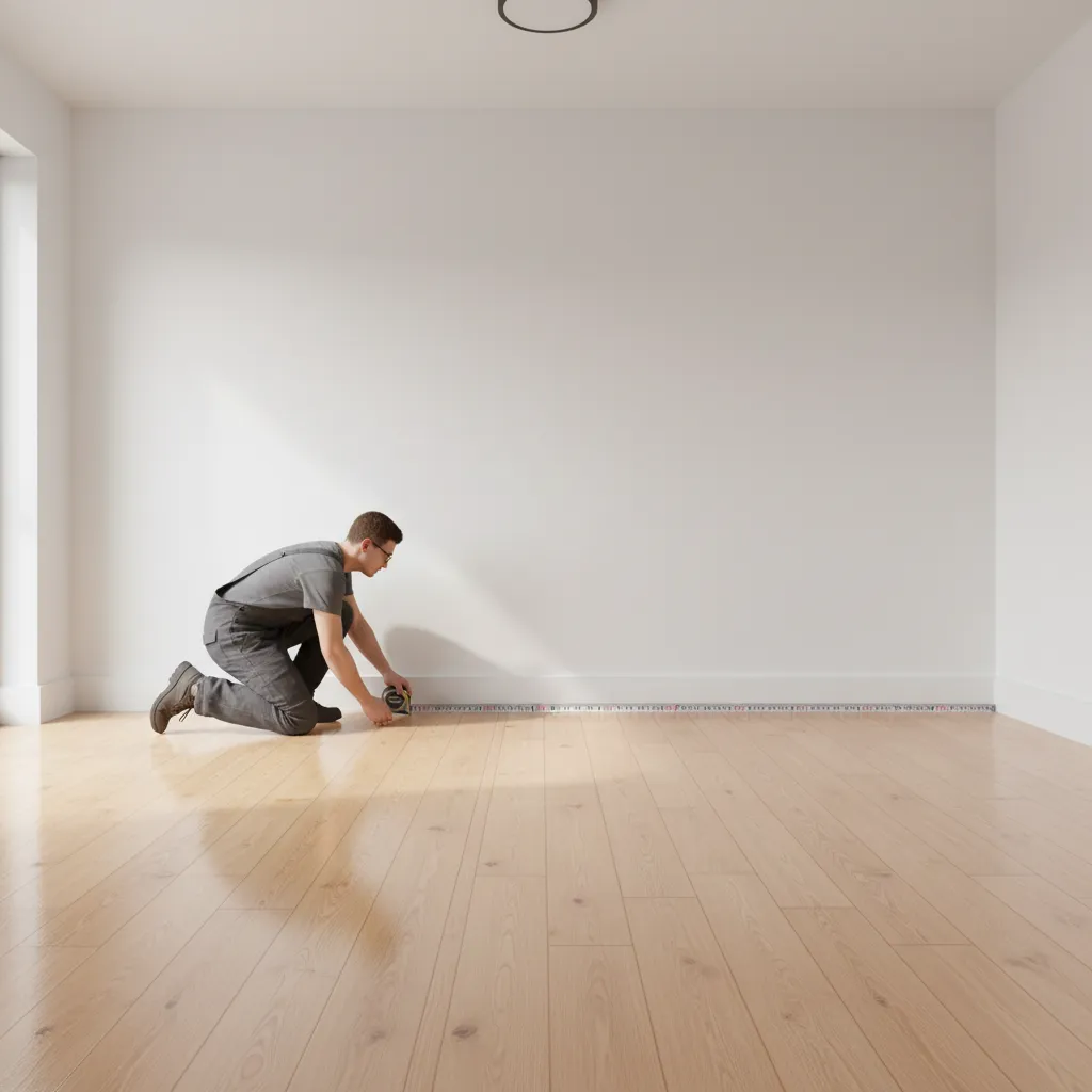 Person measuring wall perimeter for baseboard installation in empty room