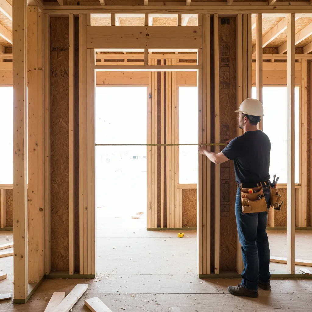 Contractor measuring width of a rough opening for a 36 inch exterior door