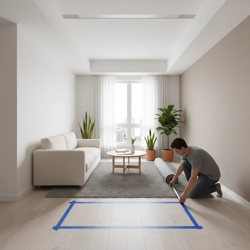 Designer measuring small living room layout for sofa placement