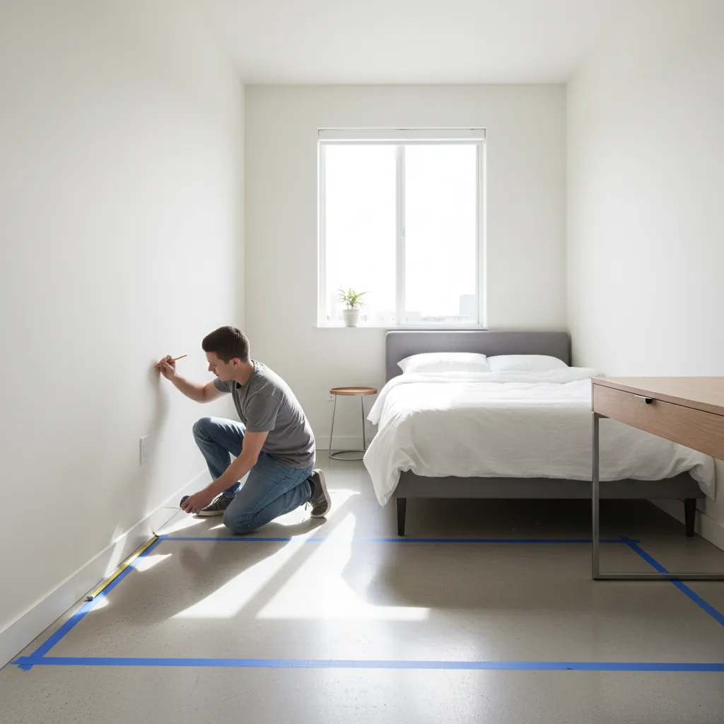 measuring wall space in a small room before placing a wooden desk