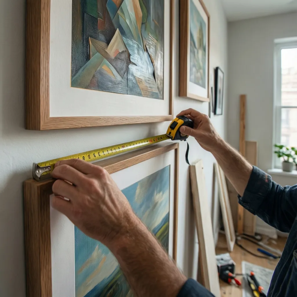Hands measuring equal spacing between two framed artworks on wall
