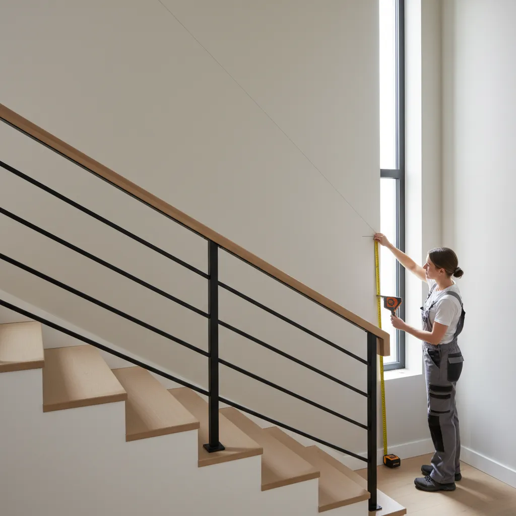 Measuring a staircase wall angle with tape measure and level for gallery wall planning