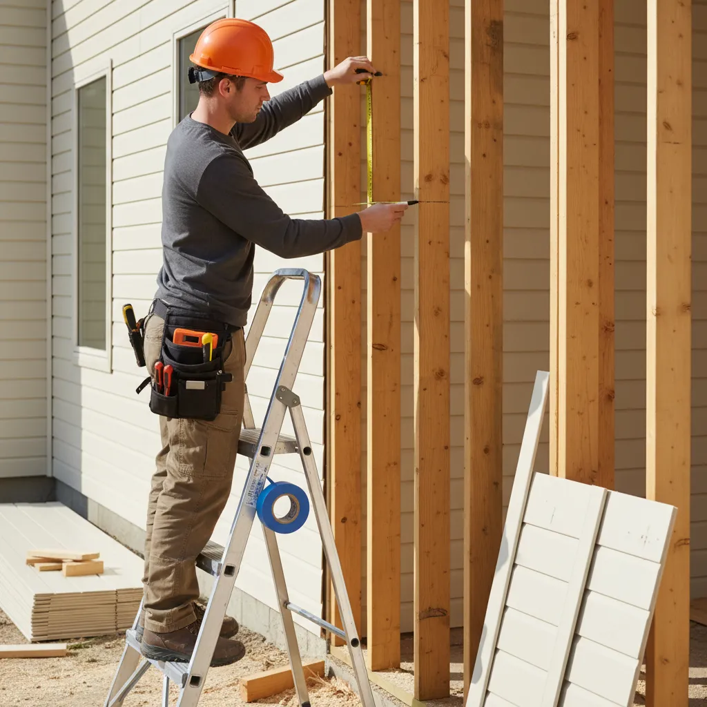 Builder measuring stud spacing on an exterior wall using tape measure