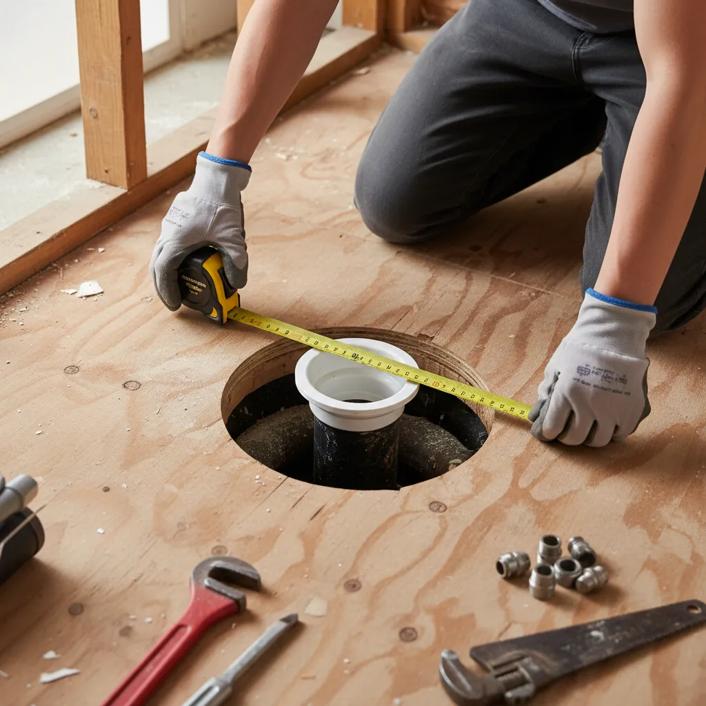 Measuring toilet flange diameter with tape measure before selecting repair kit