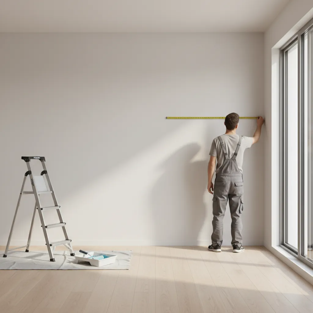 person measuring interior wall area with tape measure before estimating paint