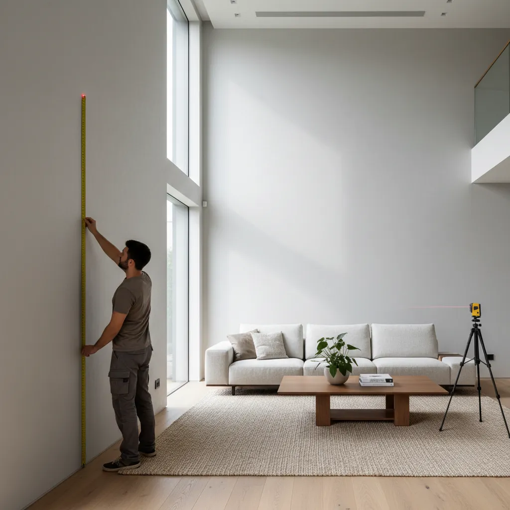 person measuring wall height and width with tape measure for paint calculation