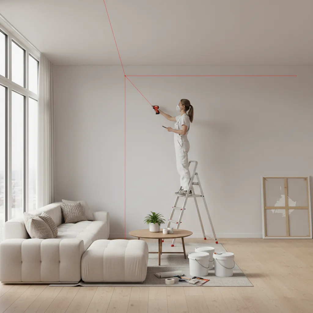 Painter measuring wall dimensions in a living room for paint estimation