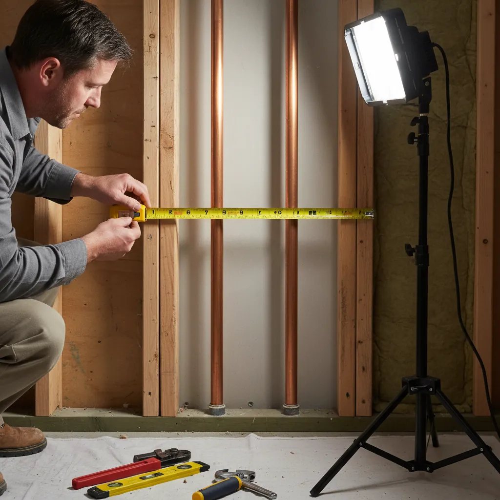 A man uses a yellow tape measure to check distance between copper pipes in wall