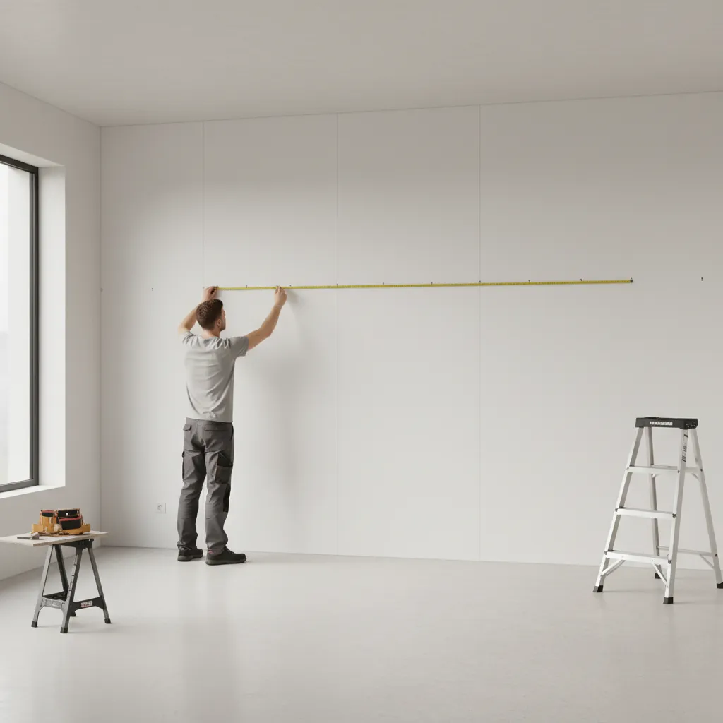 Measuring wall dimensions before installing decorative 4x8 wall panels