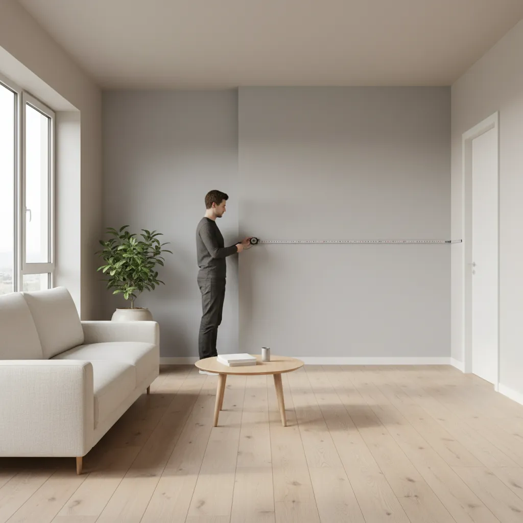 Designer measuring wall width in a small apartment living room