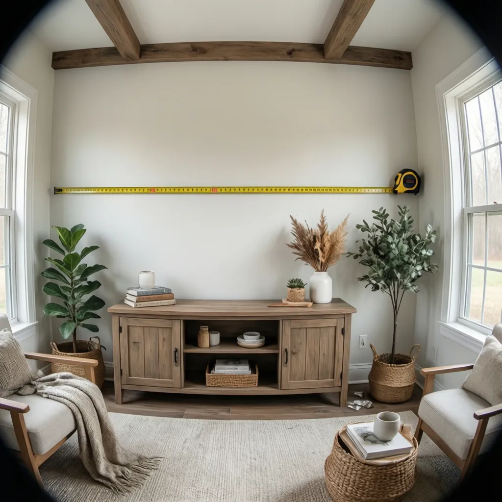 Yellow tape measure stretching across a white living room wall above a wooden storage cabinet