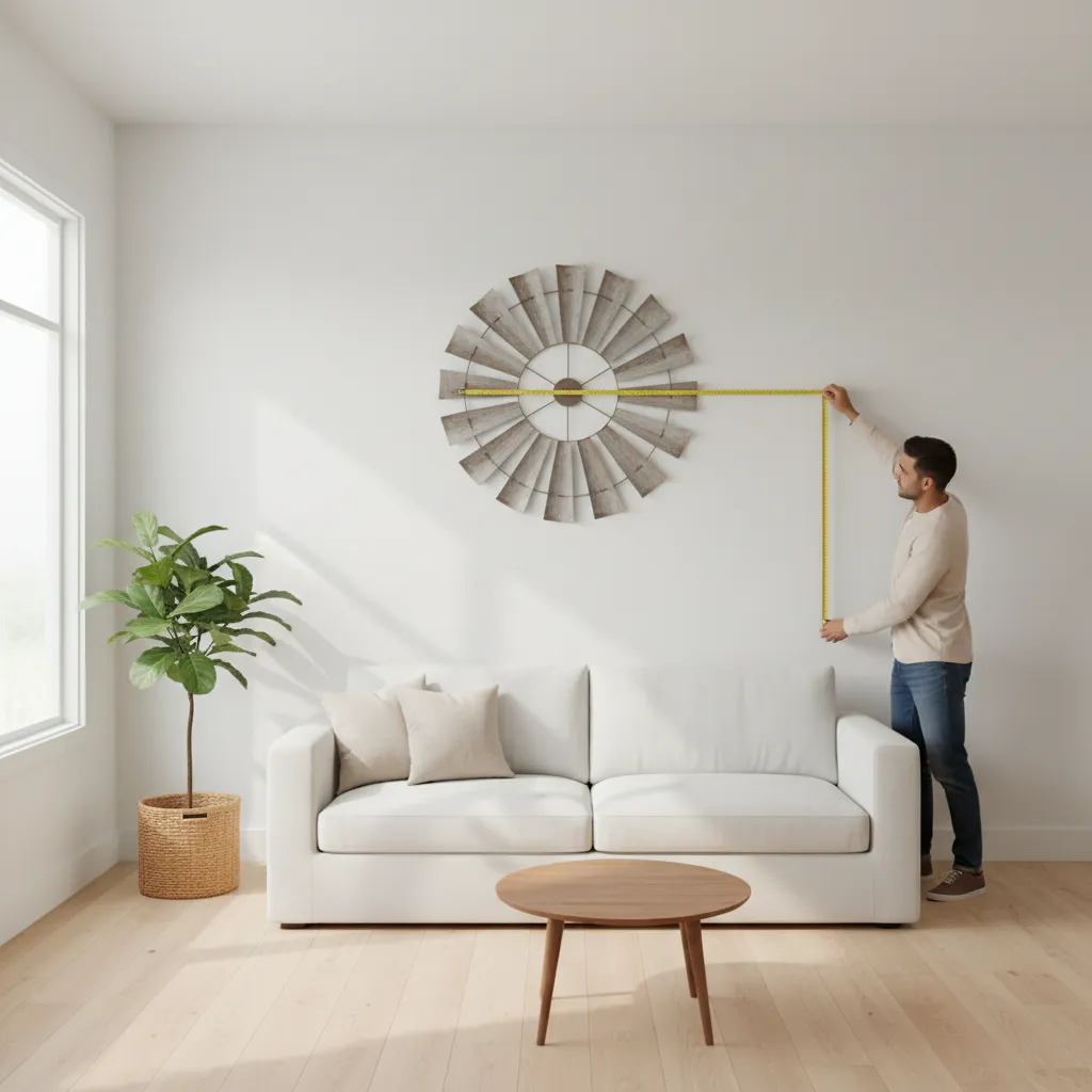 Measuring wall width above sofa for windmill wall decor placement