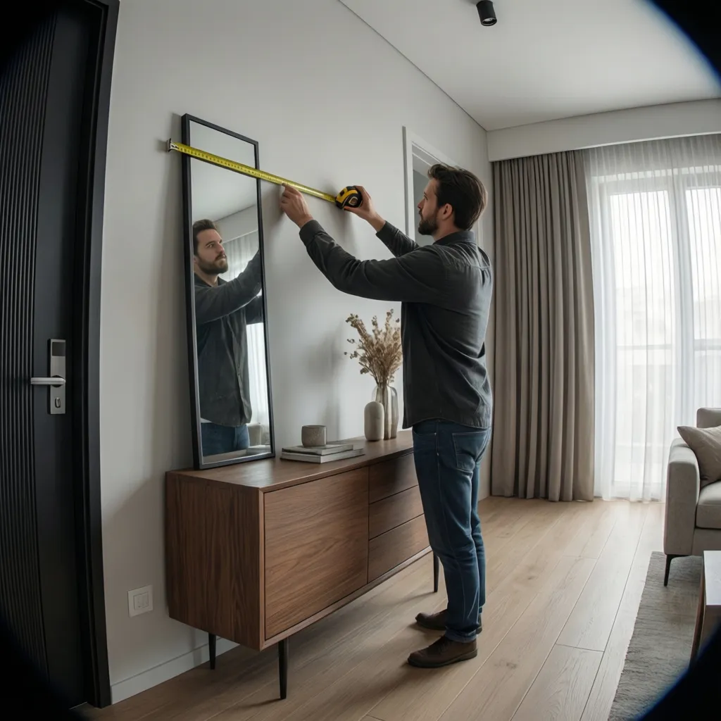 Designer measuring wall space above console table for mirror placement