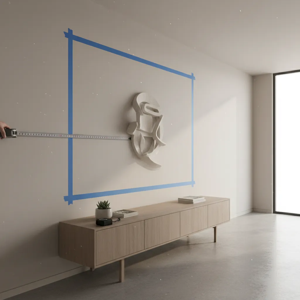 Wall with painter tape outline showing planning size for elephant wall sculpture