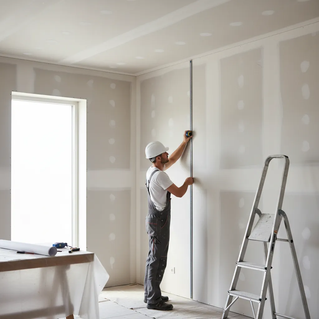 person measuring wall height and width with tape measure before painting