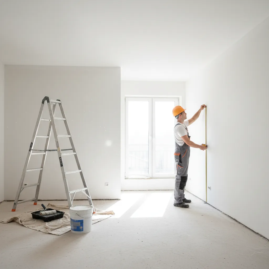 Contractor measuring interior wall dimensions before painting