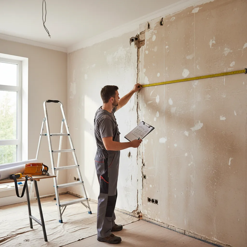 Contractor measuring wall dimensions before estimating paint coverage