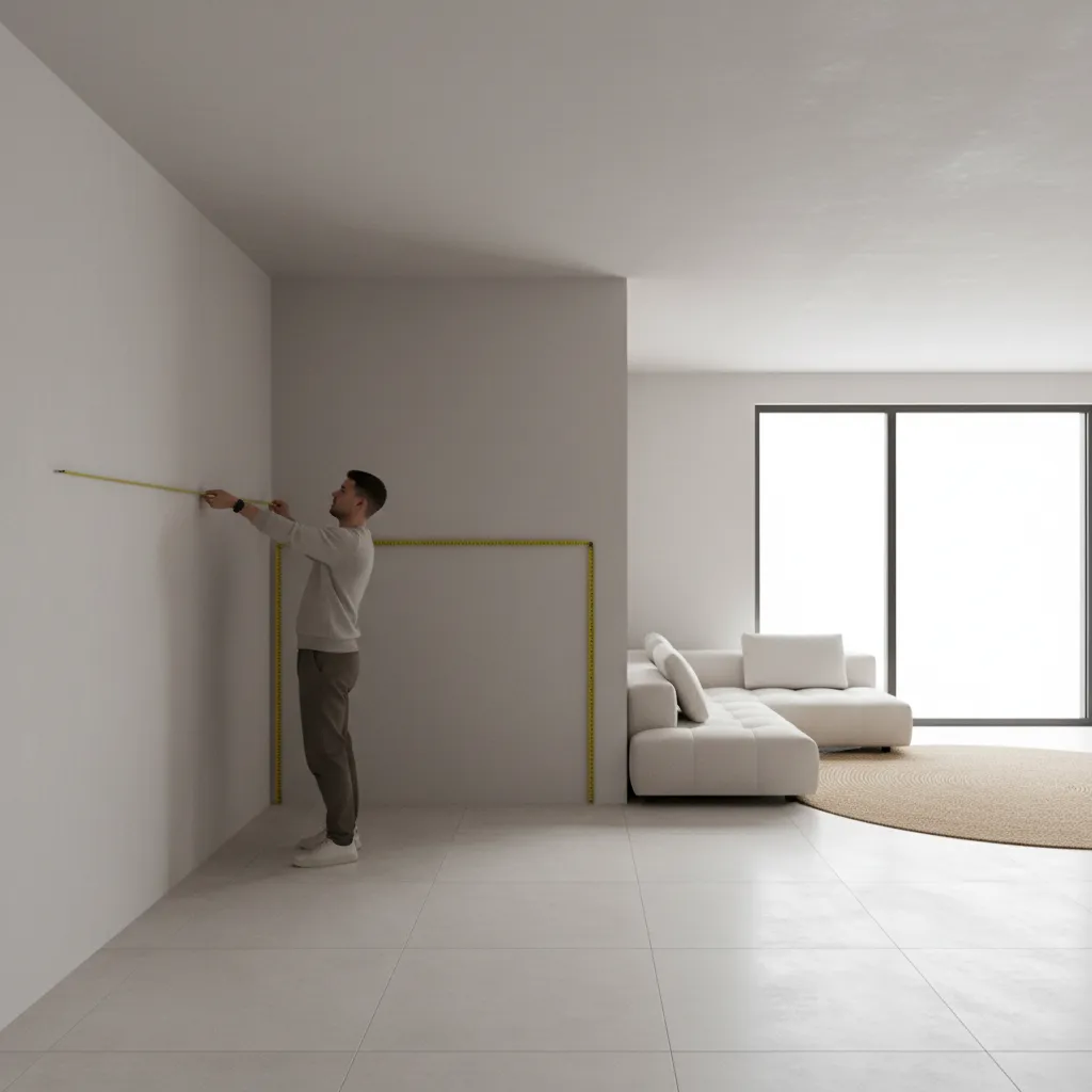 Homeowner measuring interior wall dimensions with tape for paint estimation