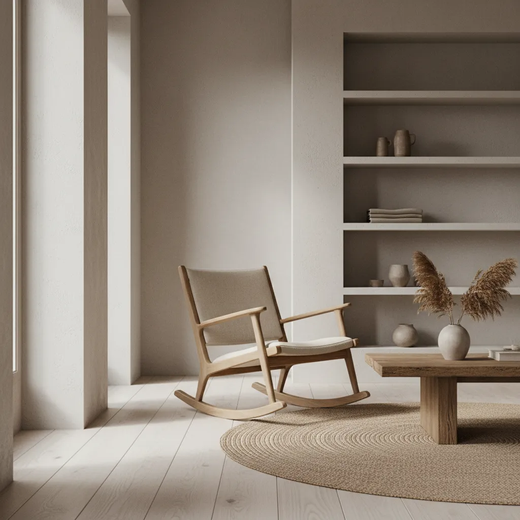 Mecedora de madera en un interior estilo japandi