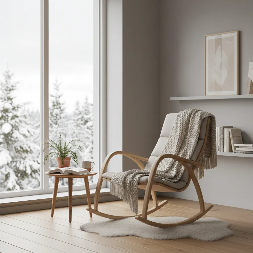 Rincón de lectura con mecedora de madera junto a una ventana