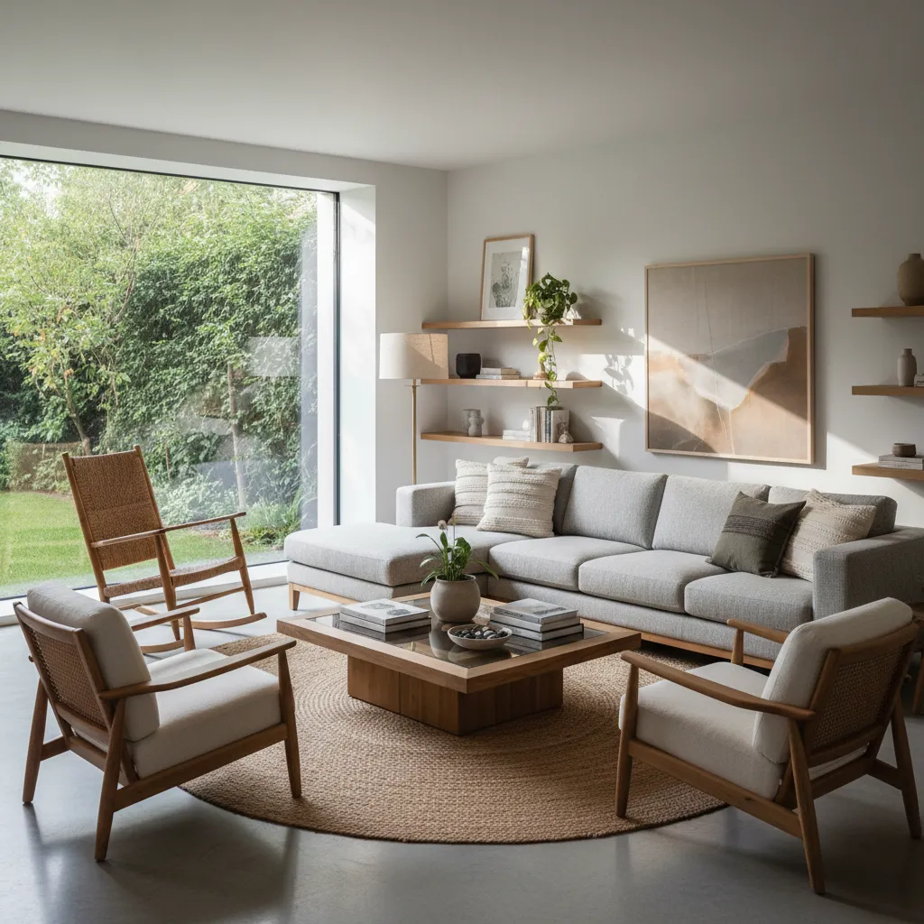 Distribución de salón moderno con mecedora de madera