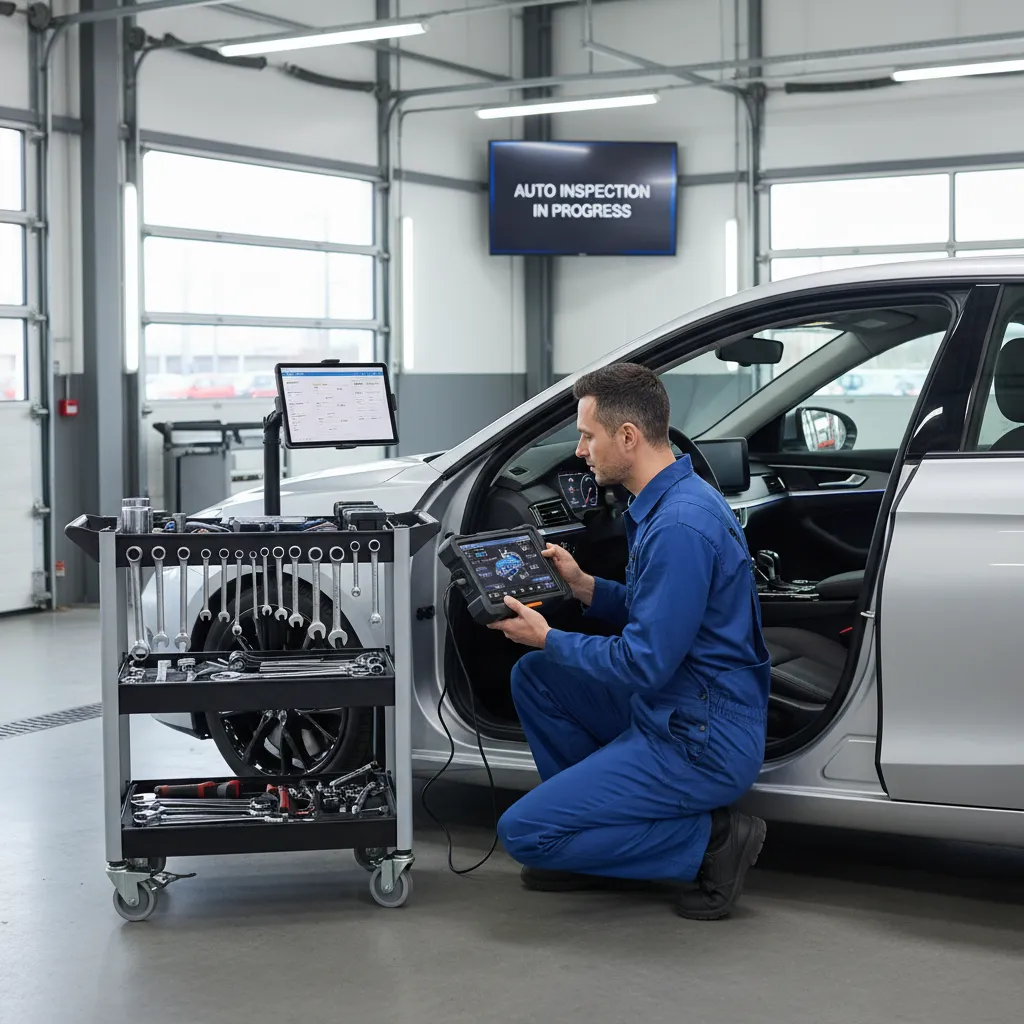 Technician connecting diagnostic scanner during vehicle safety inspection