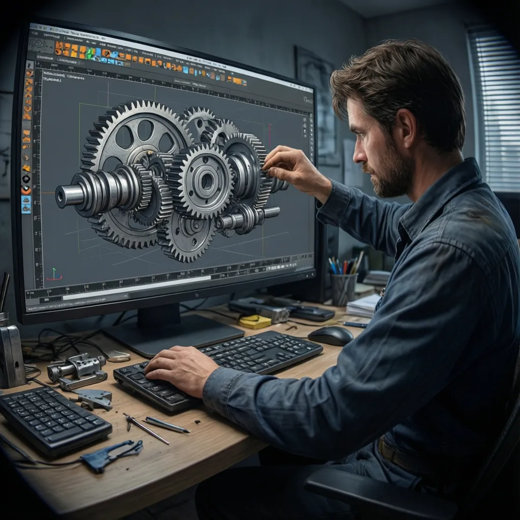 Engineer assembling mechanical parts in CAD software with multiple component models