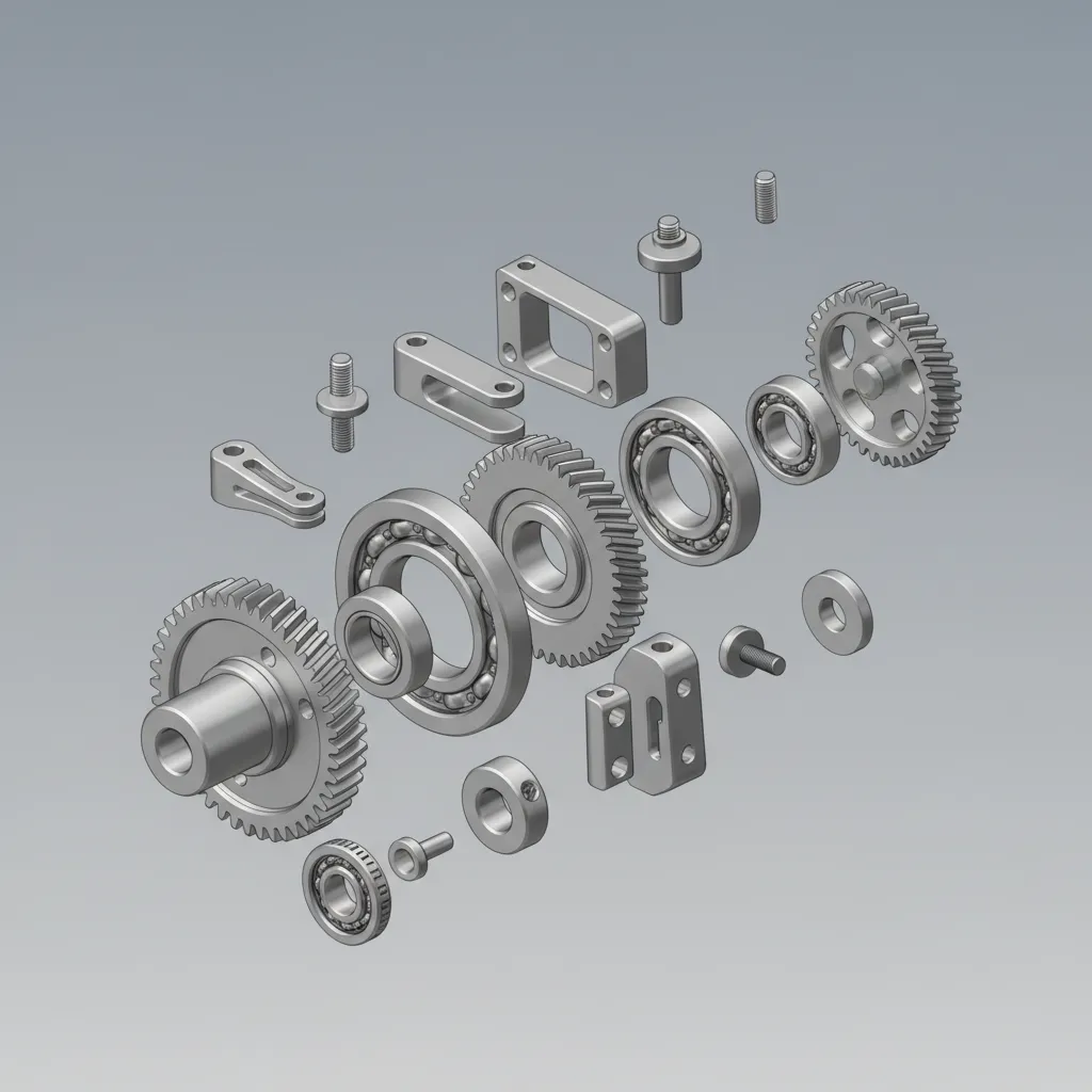 mechanical CAD assembly with gears bearings and structural brackets