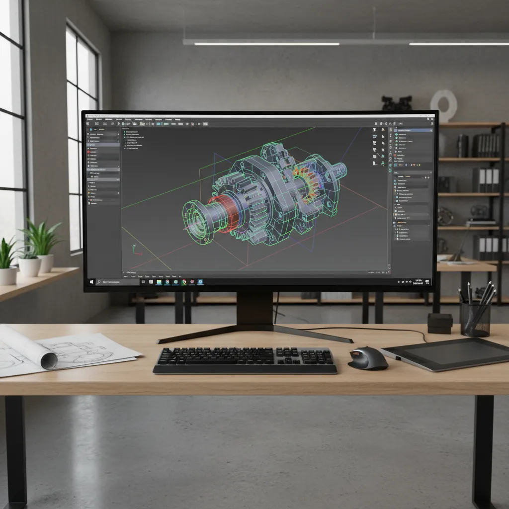 Mechanical CAD software displaying a detailed 3D part model on workstation