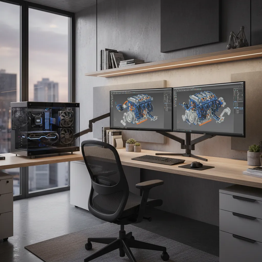 Engineering workstation running mechanical CAD software with complex assembly