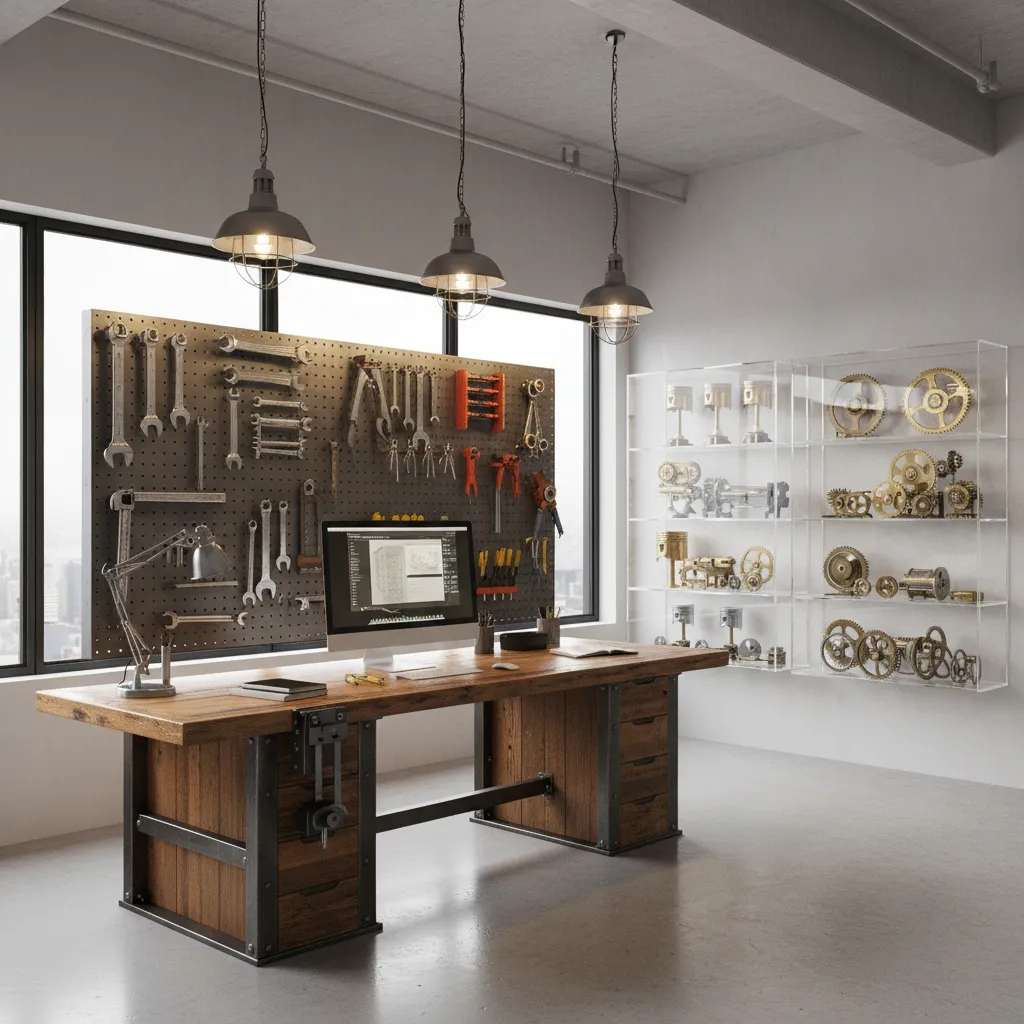 mechanical engineering workspace with metal tools pegboard and industrial desk