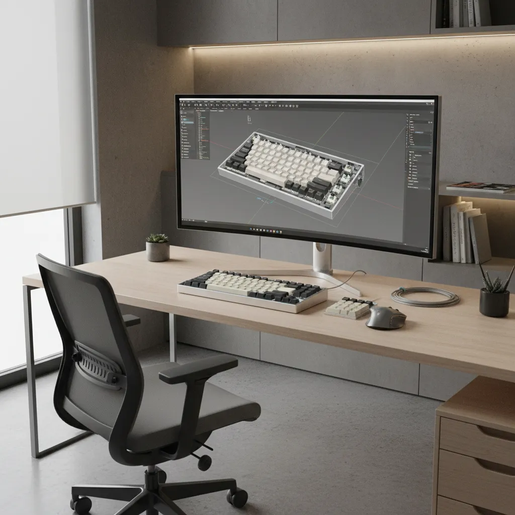 designer working on a 3D mechanical keyboard model on a computer screen