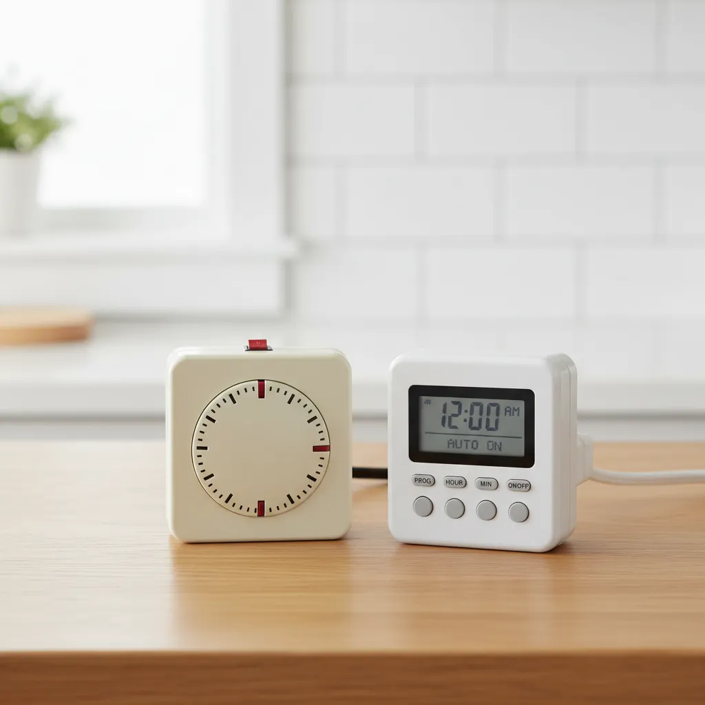 Side by side comparison of mechanical dial timer and digital outlet timer