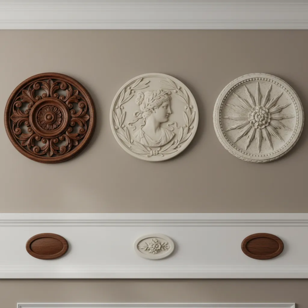 Three round wall decorations with different patterns on beige wall above white wooden wall panels
