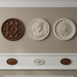 Three round wall decorations with different patterns on beige wall above white wooden wall panels