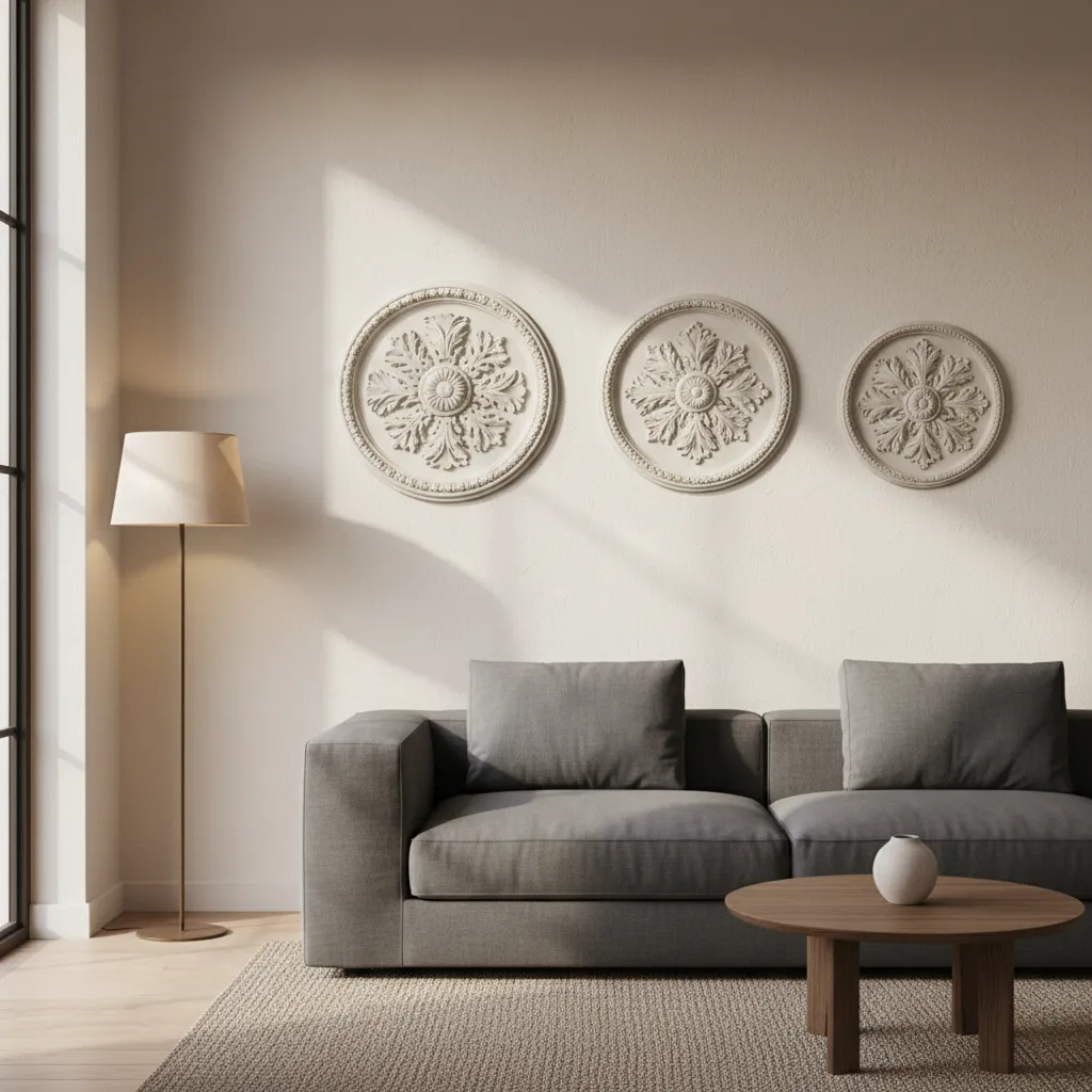 Minimalist living room with gray sofa three round wall decorations floor lamp and wood table