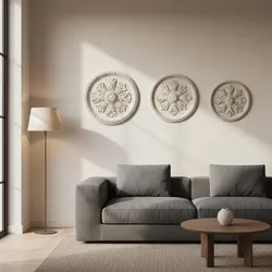 Minimalist living room with gray sofa three round wall decorations floor lamp and wood table