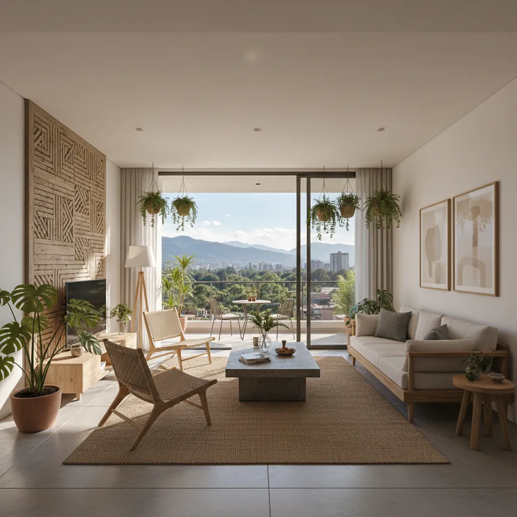 Bright living room with hanging plants, wooden wall panel, sofa, and balcony view of mountains