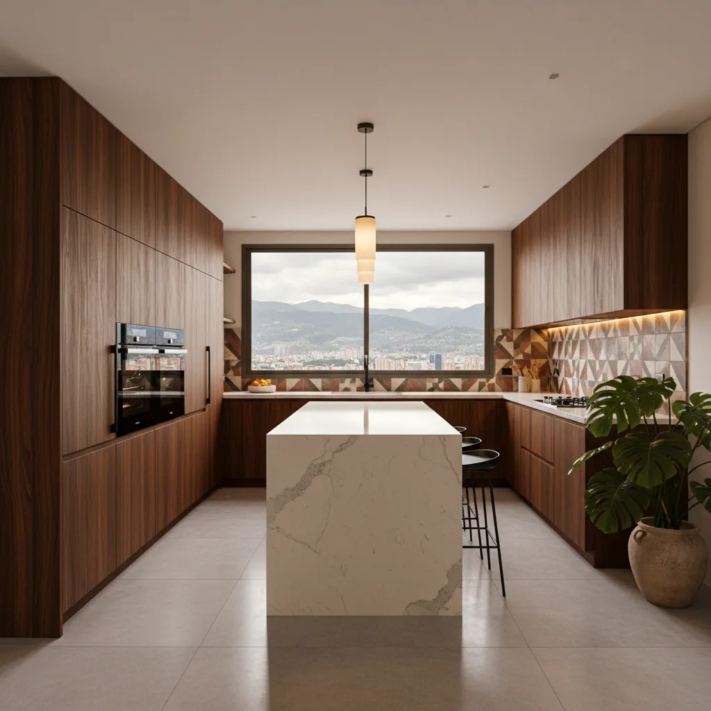 Modern kitchen with wood cabinets marble island patterned backsplash and window with a mountain view
